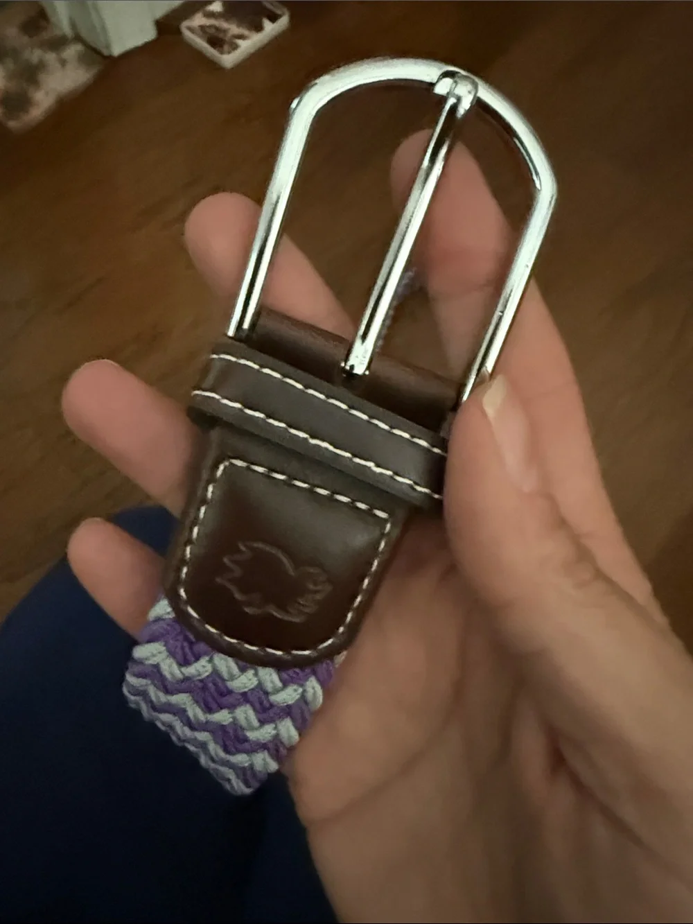 Purple and White Braided Stretch Belt with Brown Leather Trim